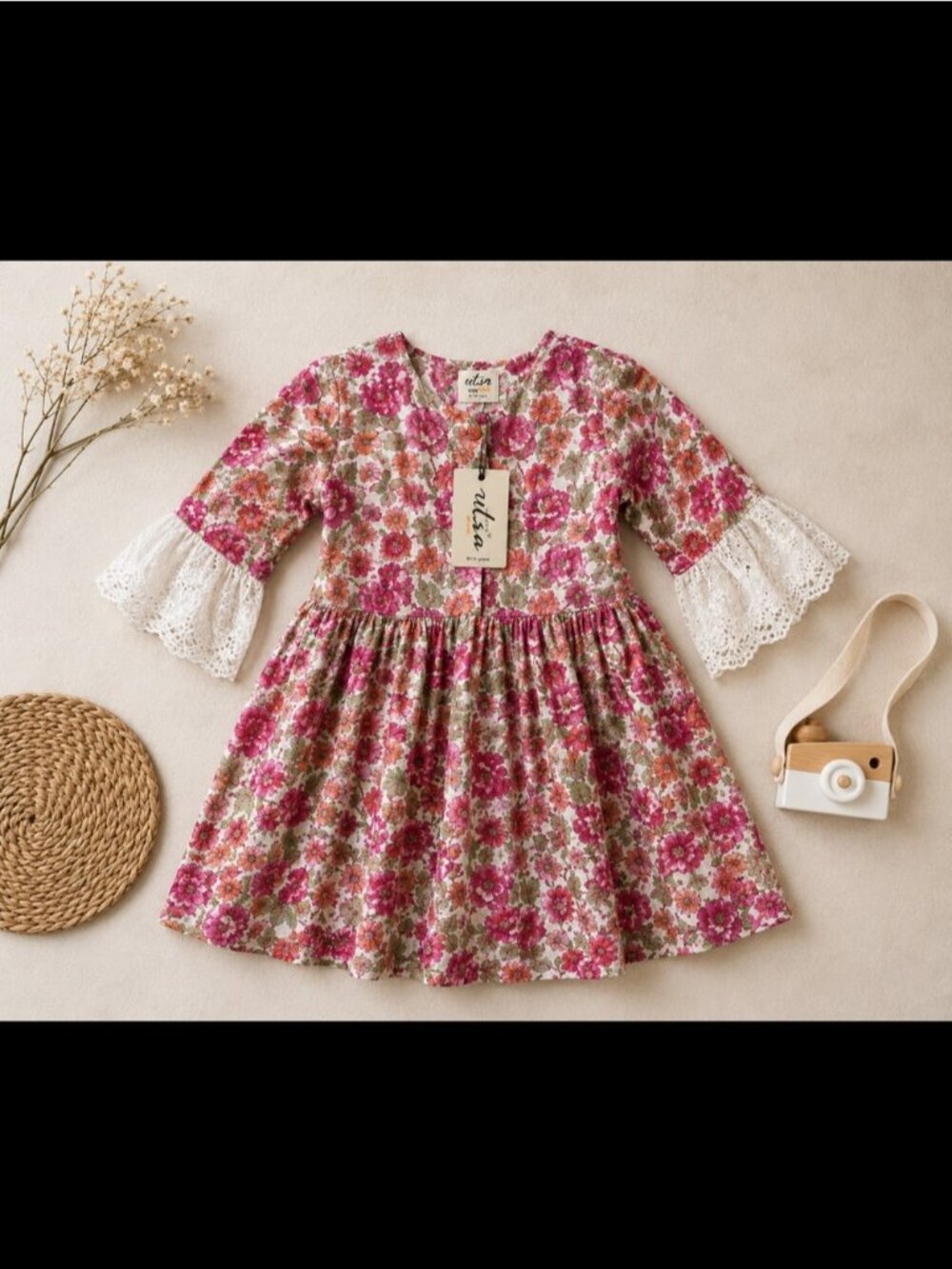 Utsa Kids Floral Lace Sleeve Dress Girls Size 9/10 Pink Boho Cottagecore